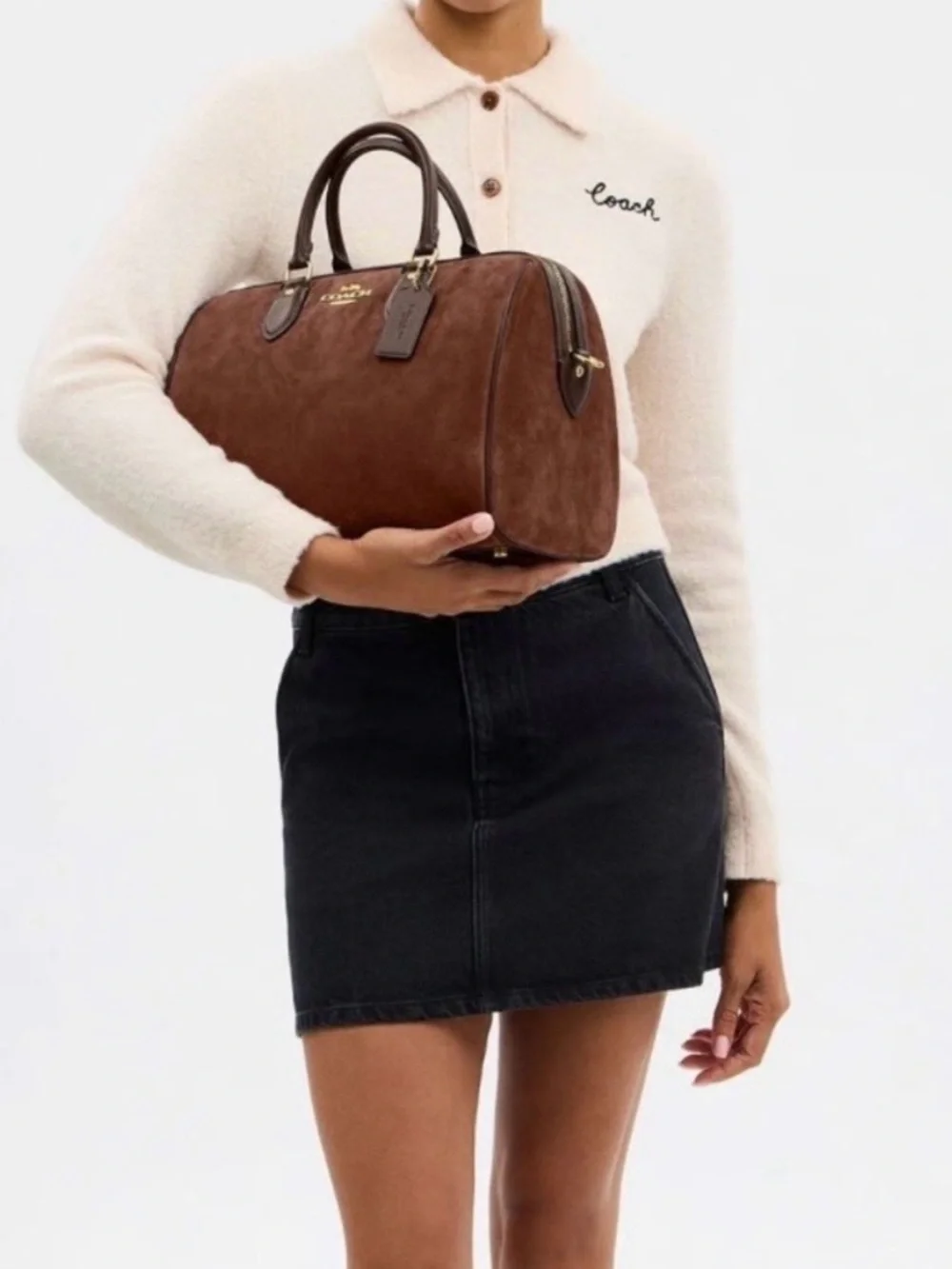 Coach Brown Suede Satchel with Dark Brown Leather Trim and Gold Hardware